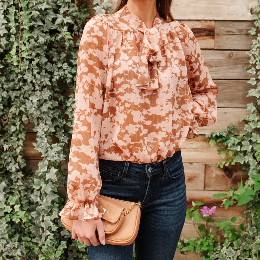 Boutique Hailey & Co Sheer Light Pink Brown Floral Long Sleeve Bow Top Sz Small
